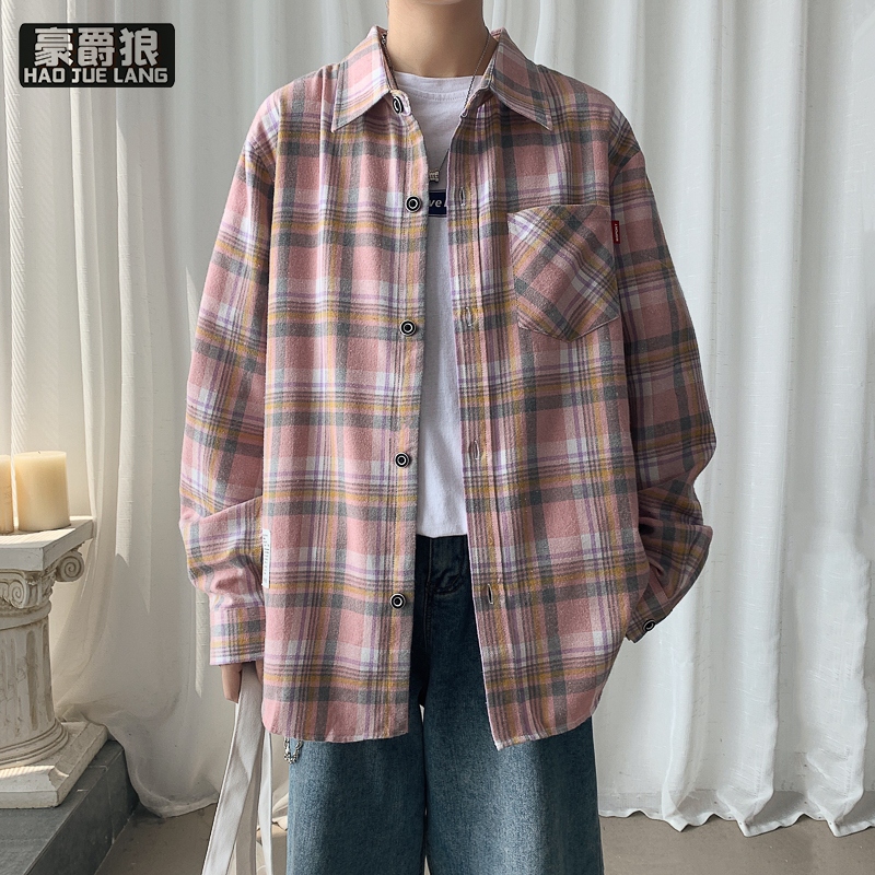 13221370.港风格子衬衫男士长袖春秋季韩版宽松外套休闲潮流港风衬衣服