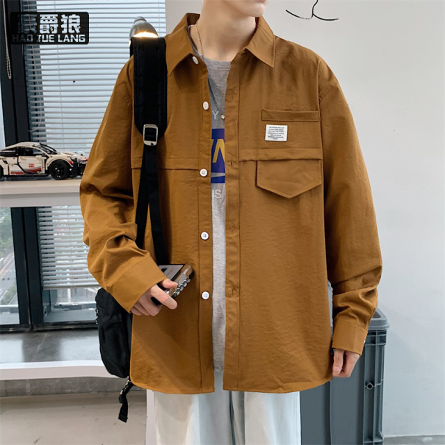 13221331.春秋季男衣服宽松纯色开衫衬衫长袖青年休闲痞帅工装男式外套