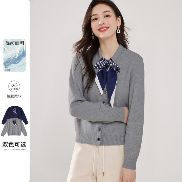 13218207.【通勤时尚密码】撞色丝巾长袖针织衫女2026显瘦春秋高级感