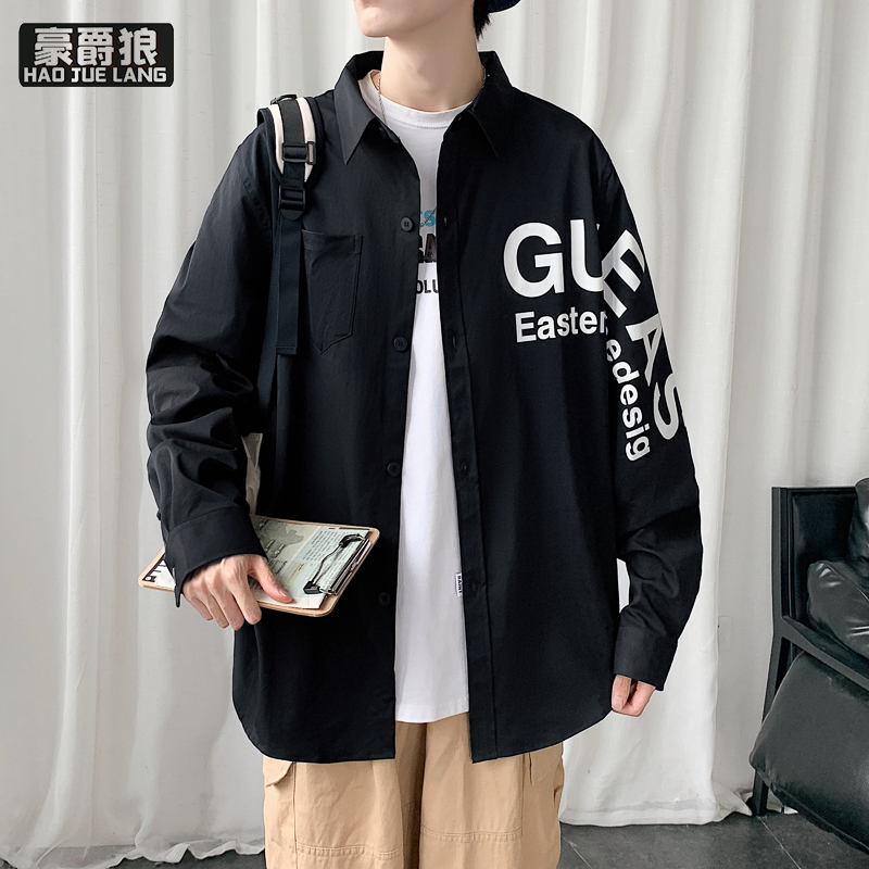 13221336.衬衫男长袖外套潮牌宽松休闲春夏季印花痞帅防晒衣青少年衬衣
