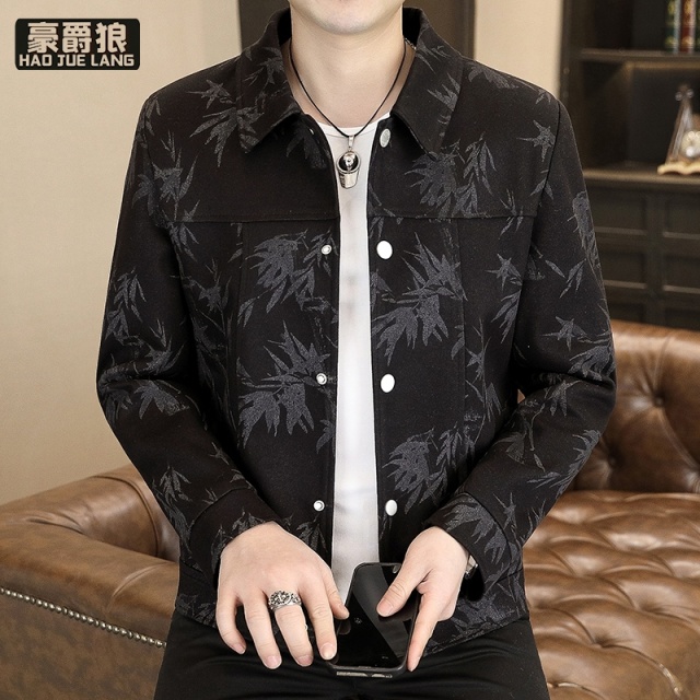 13217062.青春流行长袖翻领免烫处理透气男士新款春秋修身夹克竹叶印花青年