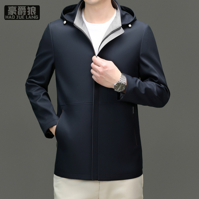 13221327.中长款连帽风衣男商务休闲春秋季外套爸爸装桑蚕丝夹克衫