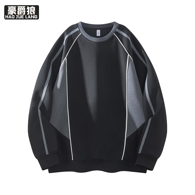 13221293.春秋季新品撞色圆领卫衣男潮流宽松落肩袖上衣打底衫