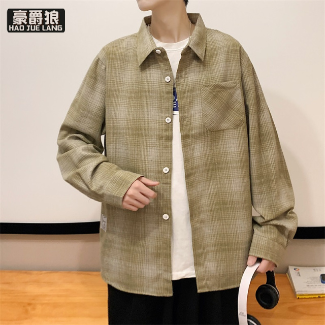 13221297.日系格子衬衫男士长袖春秋季薄款复古衬衣夏潮牌休闲百搭情侣外套