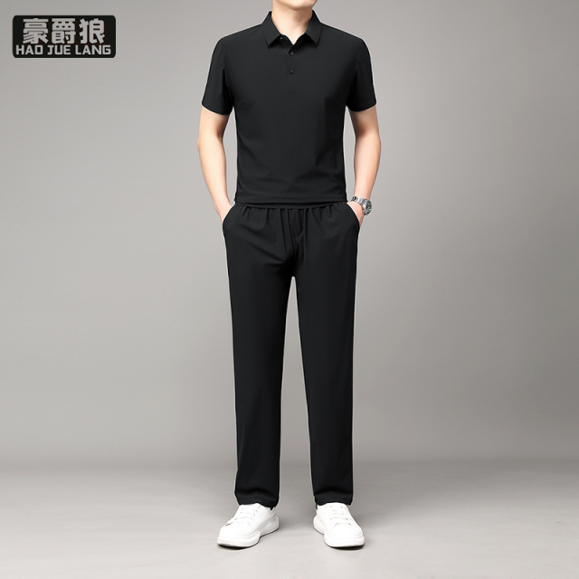 13217073.【两件套装】无痕冰丝凉感短袖POLO衫速干直筒时尚男士休闲裤