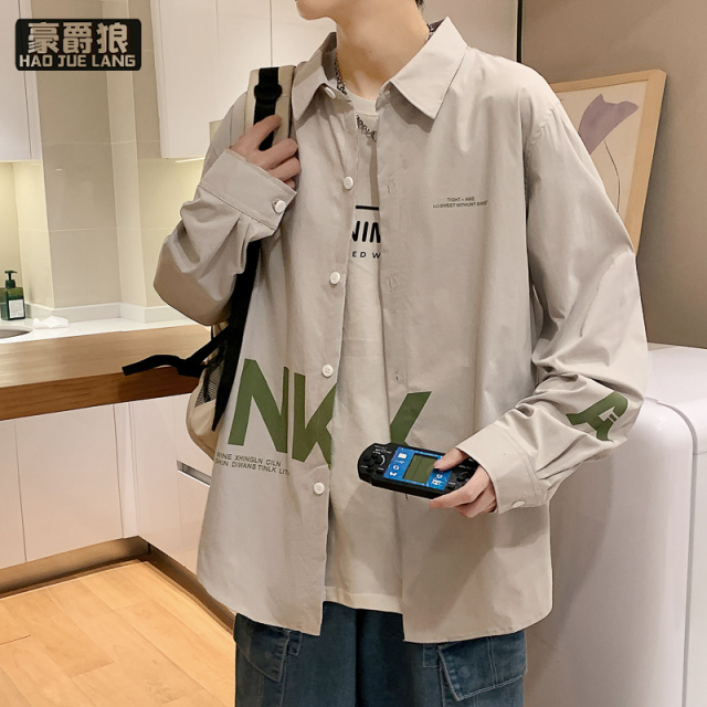 13221334.港风长袖衬衫春秋款工装外套中式简约风青少年衬衣潮牌纯色
