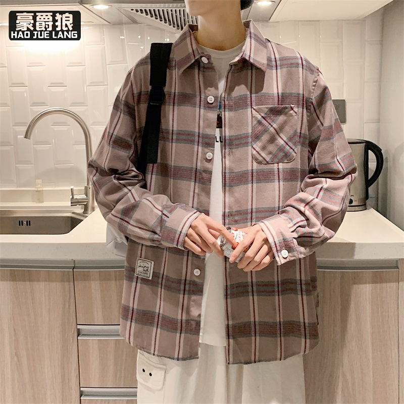 13221295.格子长袖衬衫男士春秋款日系宽松潮流休闲衬衣高级感男款上衣外套