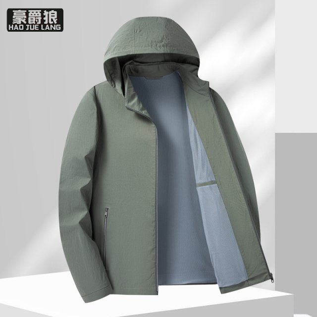 13221348.男士夹克外套春秋季时尚新款休闲连帽可脱卸透气抗皱上衣秋装