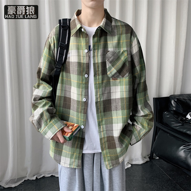 13221367.格子长袖衬衫男士春秋款日系宽松潮流休闲衬衣高级感男款上衣外套潮