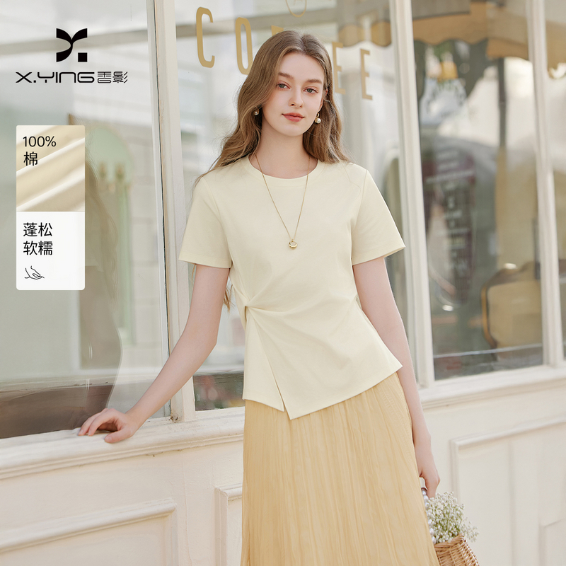 13217198.香影纯棉正肩短袖t恤女2026夏季新款设计感小众扭结收腰短款上衣