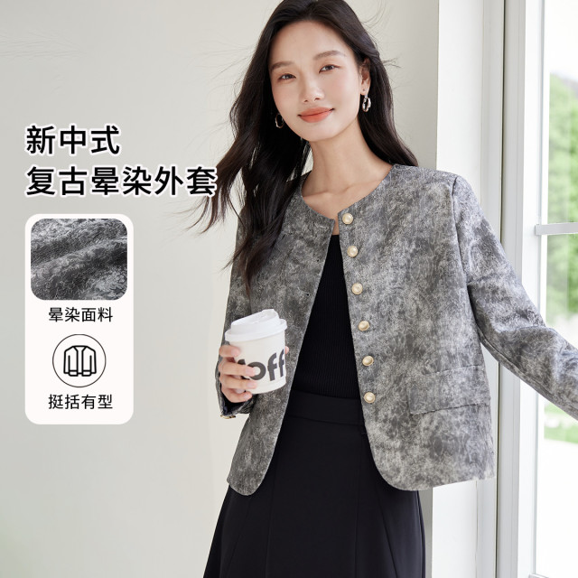 13218720.新中式复古晕染气质外套女2026春款高级感百搭显瘦圆领上衣