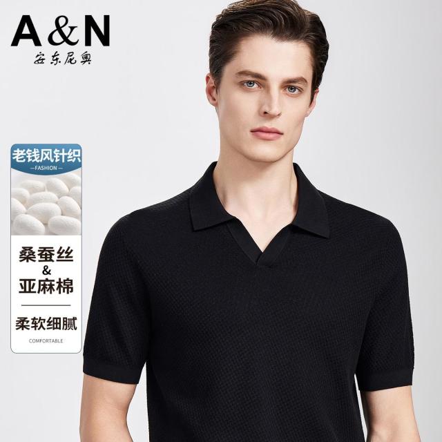 13218550.【自然纤维】夏季老钱提花含桑蚕丝短袖polo衫男棉麻针织T恤