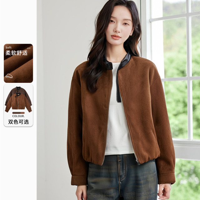 13218715.仿麂皮拼皮机车式外套女2026年春秋高级感宽松复古小个子上衣