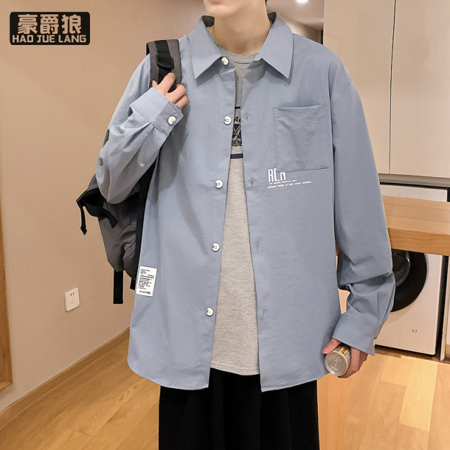13221379.长袖衬衫男春秋款痞帅新款衬衣外套男宽松休闲青少年上衣服潮