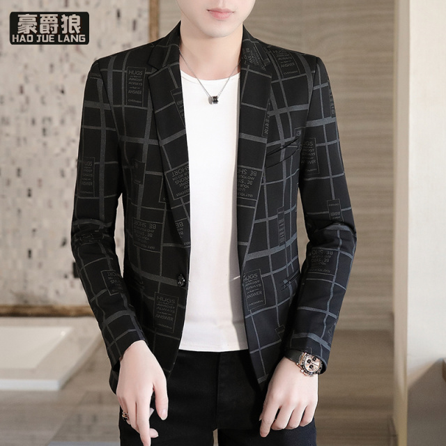 13217043.男士格子休闲西服外套春秋季新款帅气潮流修身印花小西装男潮