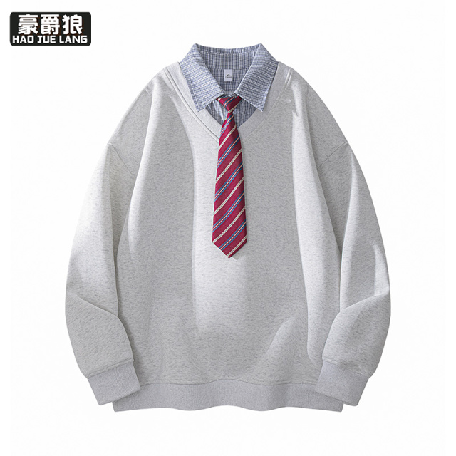 13221350.韩系假两件拼接衬衫领卫衣男高智感学院风宽松百搭polo衫