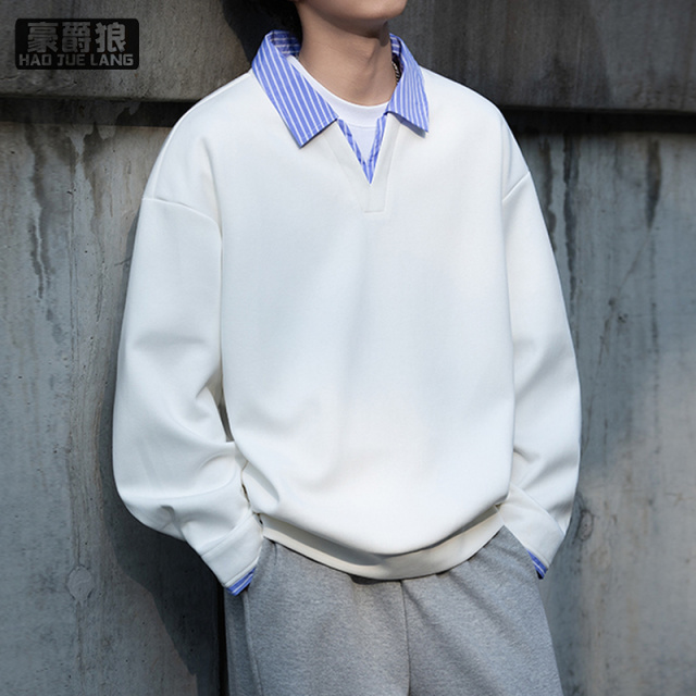 13221323.学院风衬衫领假两件卫衣男春秋新款美式宽松打底衫叠穿外套潮