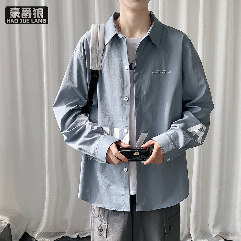 13221334.港风长袖衬衫春秋款工装外套中式简约风青少年衬衣潮牌纯色