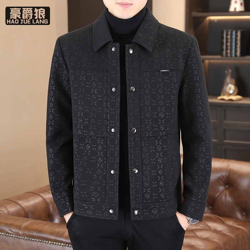 13216991.春秋薄款夹克男士翻领时尚休闲提花短款中青年男士百搭外套