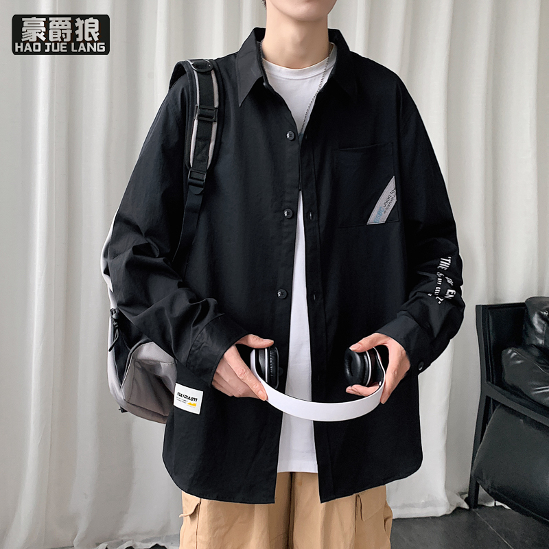 13221381.青年工装衬衫男长袖潮牌痞帅宽松百搭衬衣春秋季学生韩版潮流上衣