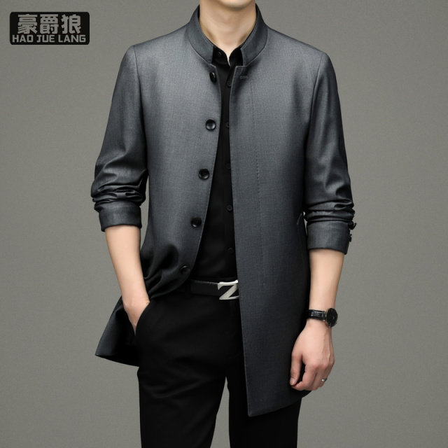 13221316.中老年男装新款秋季商务风衣男中长宽松大码立领夹克休闲上衣