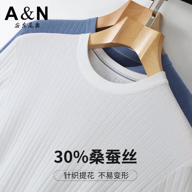13218538.【30%桑蚕丝】春夏轻奢圆领针织短袖T恤男纯色透气半袖打底衫