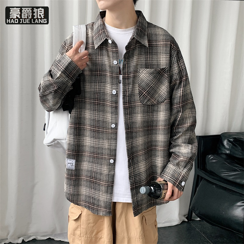 13221297.日系格子衬衫男士长袖春秋季薄款复古衬衣夏潮牌休闲百搭情侣外套