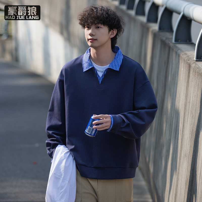 13221323.学院风衬衫领假两件卫衣男春秋新款美式宽松打底衫叠穿外套潮