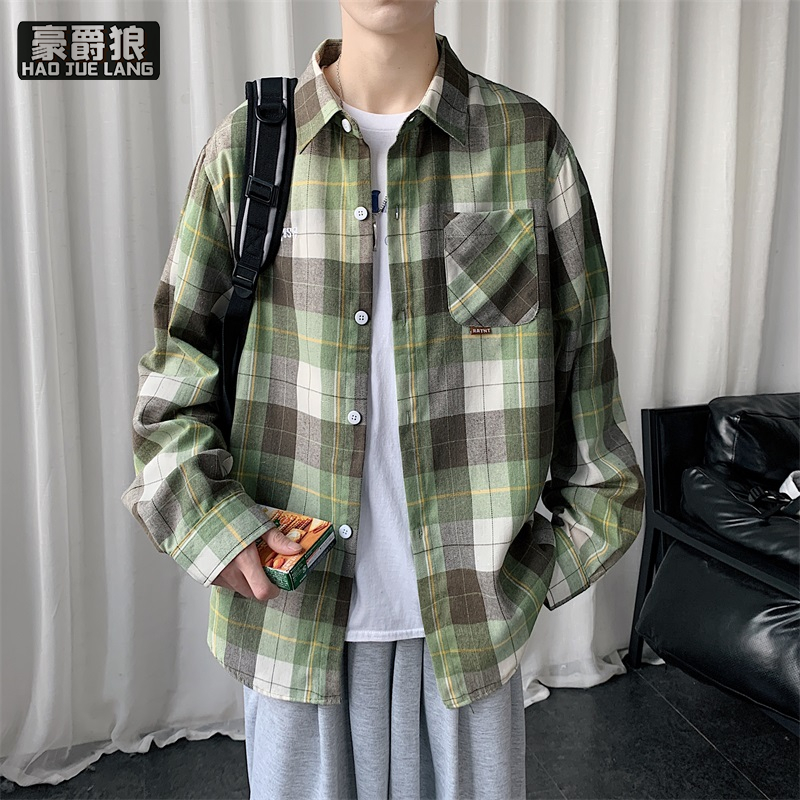 13221367.格子长袖衬衫男士春秋款日系宽松潮流休闲衬衣高级感男款上衣外套潮
