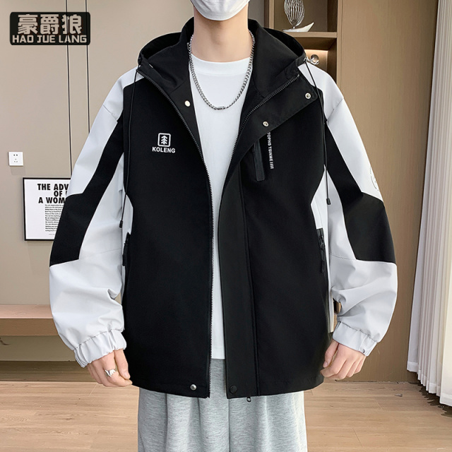 13221382.连帽宽松潮牌拼色青少年帅气夹克春季休闲韩版潮流外套男时尚春装