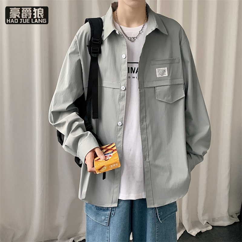 13221331.春秋季男衣服宽松纯色开衫衬衫长袖青年休闲痞帅工装男式外套