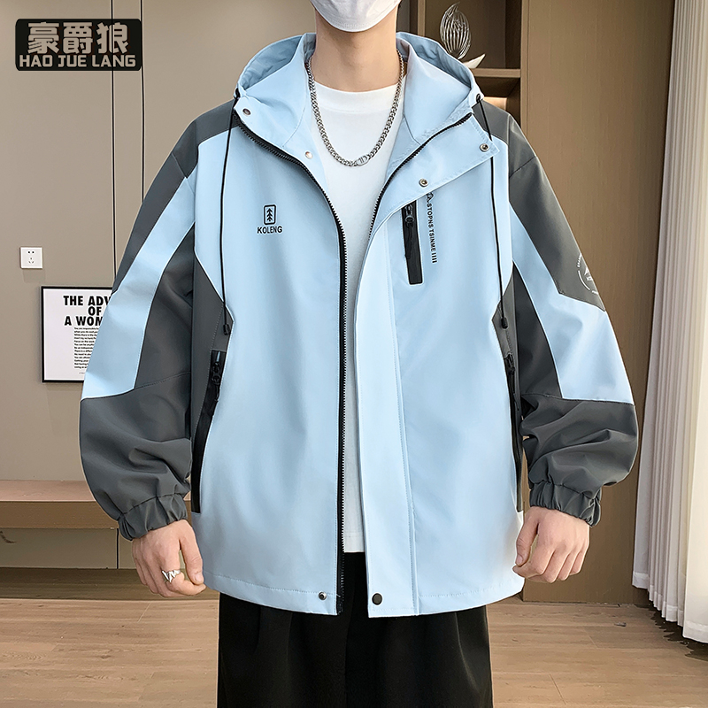13221382.连帽宽松潮牌拼色青少年帅气夹克春季休闲韩版潮流外套男时尚春装