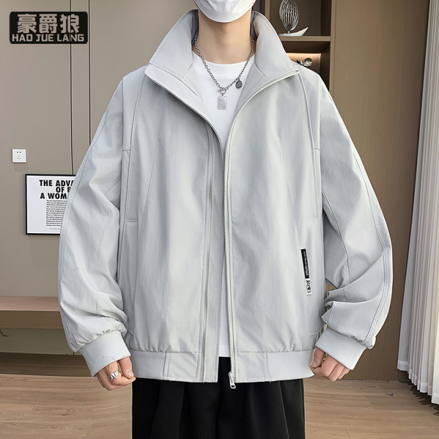 13221311.春秋季立领夹克男生初中高中学生潮牌宽松外套青少年男装休闲褂子