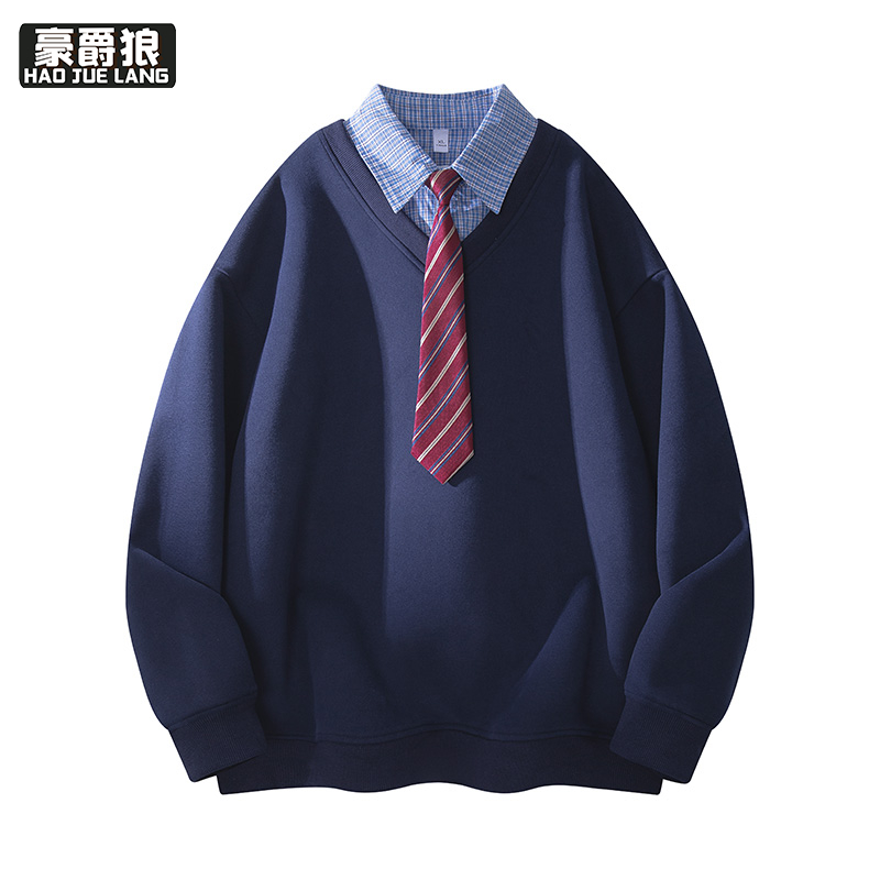 13221350.韩系假两件拼接衬衫领卫衣男高智感学院风宽松百搭polo衫