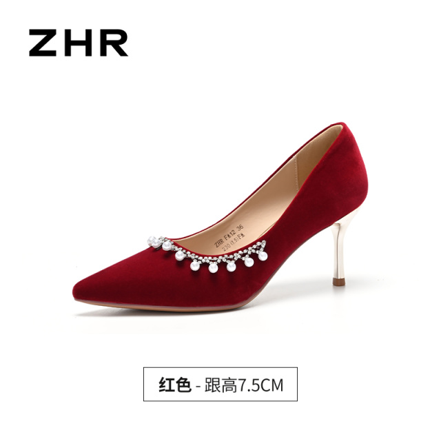 13223400.【ZHR则则】高跟鞋尖头套脚细跟女鞋[米色：PU；红色：绒布]