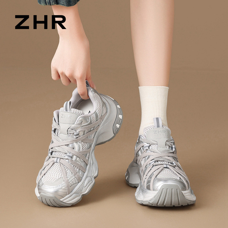 13844592.【ZHR则则】老爹鞋圆头绑带系带厚底女鞋[PU+网布]