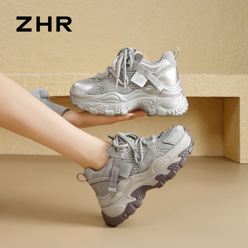 13223560.【ZHR则则】老爹鞋圆头系带厚底女鞋[网布+PU+麂皮绒]