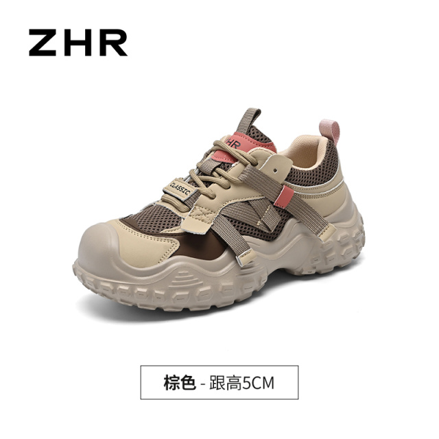 13844594.【ZHR则则】户外休闲鞋圆头系带厚底女鞋[米色：网布+超纤+织带；棕色：网布+超纤+PU+织带]