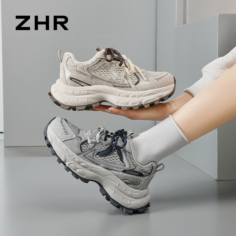 13680214.【ZHR则则】老爹鞋圆头双色系带厚底女鞋[超纤+网布+牛纤绒]