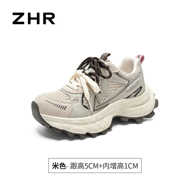 13680214.【ZHR则则】老爹鞋圆头双色系带厚底女鞋[超纤+网布+牛纤绒]