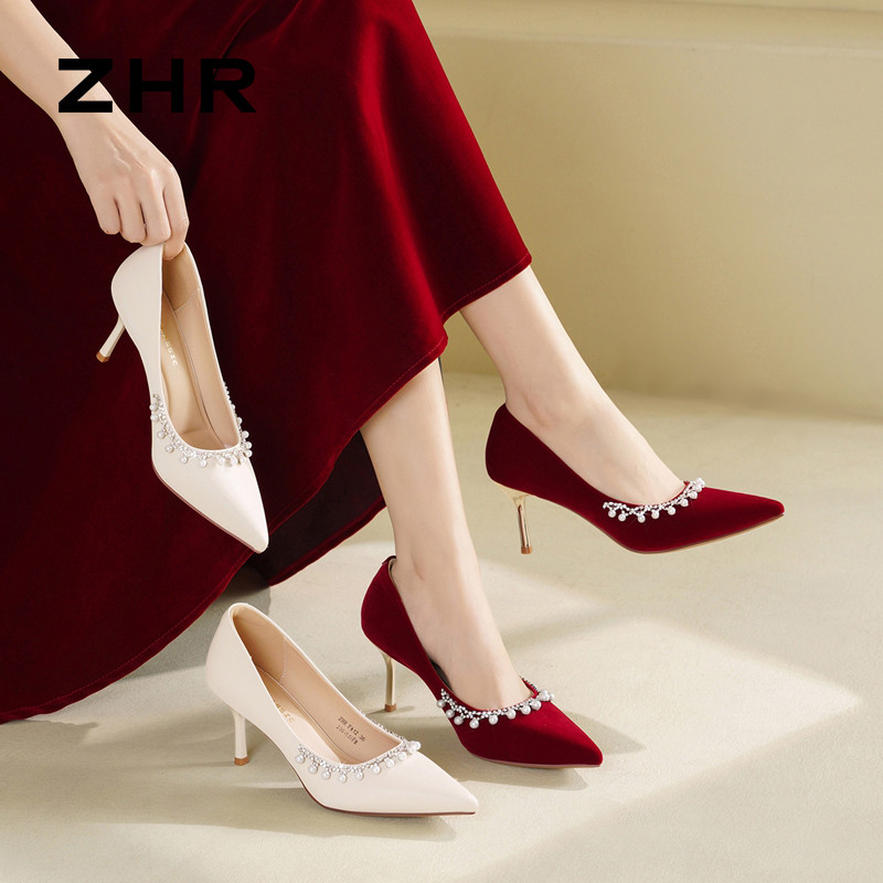 13223400.【ZHR则则】高跟鞋尖头套脚细跟女鞋[米色：PU；红色：绒布]