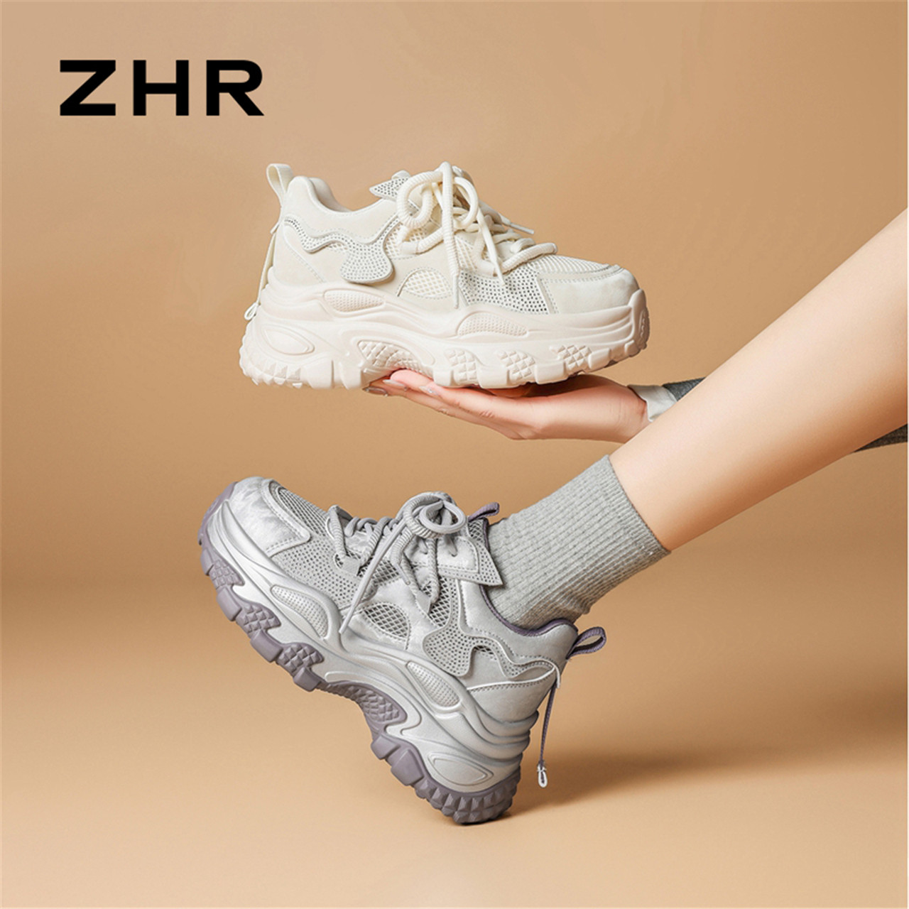 13223378.【ZHR则则】老爹鞋圆头系带厚底女鞋[网布+PU+超纤]