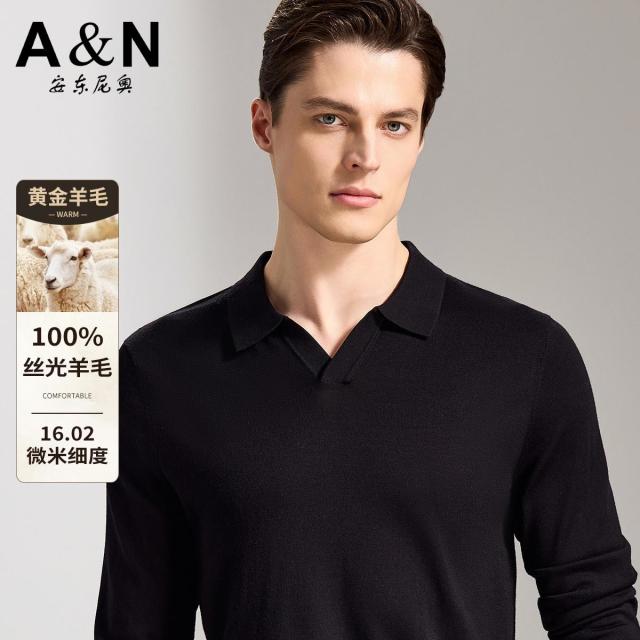 13226338.【100%黄金羊毛】早春海鸥领长袖Polo衫男长袖打底T恤