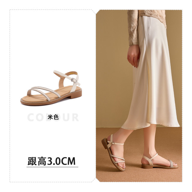 13227870.热风HOTWIND轻便简约休闲百搭凉鞋一字带搭扣粗跟显高凉鞋