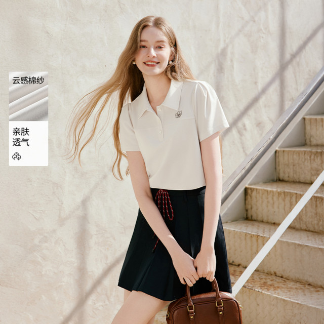 13232758.2026夏装学院风polo领t恤女短袖泡泡袖正肩短款上衣