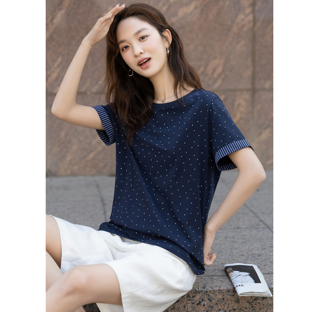 13233515.【人手一件】夏季圆领棉氨波点印花短袖拼接条纹显瘦t恤女高级感