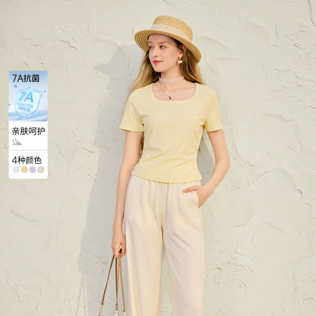 13233620.【抗菌】2026夏装多巴胺条纹短袖t恤女方领正肩甜美上衣