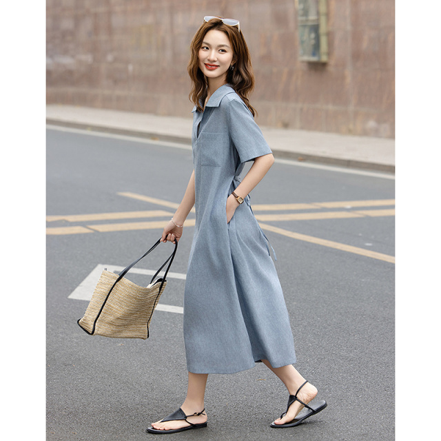 13232916.【含亚麻】夏季都市优雅V字翻领宽松显瘦可收腰连衣裙女高级感