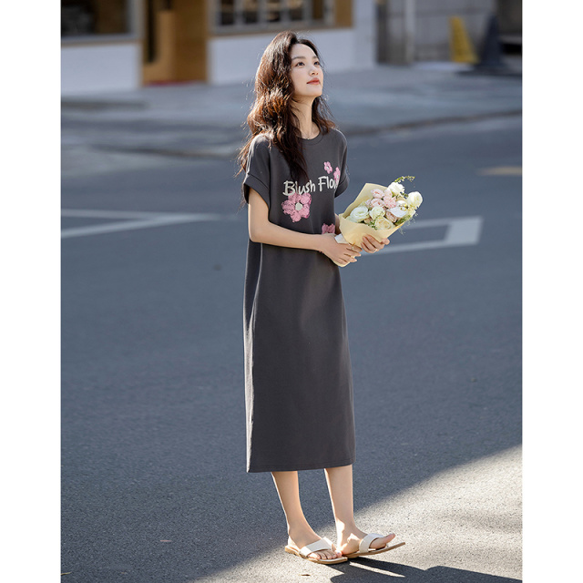 13232891.【215G珠地网眼】夏季气质字母印花宽边翻折袖圆领宽松连衣裙