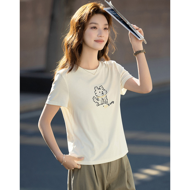 13233522.【含莱赛尔】夏季圆领小狗线条印花短袖高弹修身显瘦t恤女高级感